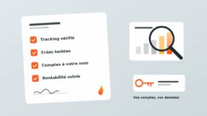 Liste de services publicitaires avec cases cochées, graphique à la loupe et clé sous fond gris